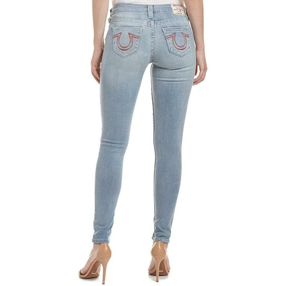 True Religion Women's Super Skinny Red Horseshoe Stitched Jeans in Chill Indigo - Picture 3 of 3